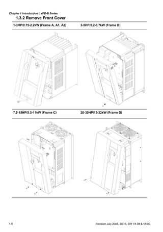Chapter 1 Introduction|VFD-B Series
1-6 Revision July 2008, BE16, SW V4.08 & V5.00
1.3.2 Remove Front Cover
1-3HP/0.75-2.2kW (Frame A, A1, A2) 3-5HP/2.2-3.7kW (Frame B)
7.5-15HP/5.5-11kW (Frame C) 20-30HP/15-22kW (Frame D)
 