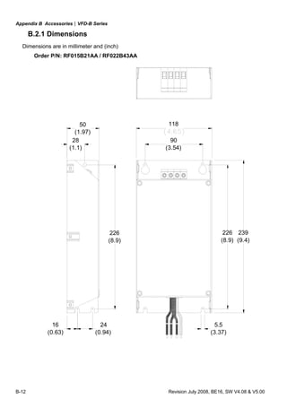Appendix B Accessories|VFD-B Series
B-12 Revision July 2008, BE16, SW V4.08 & V5.00
B.2.1 Dimensions
Dimensions are in millimeter and (inch)
Order P/N: RF015B21AA / RF022B43AA
239
(9.4)
118
90
(3.54)
28
(1.1)
50
(1.97)
226
(8.9)
5.5
(3.37)
226
(8.9)
16
(0.63)
24
(0.94)
 