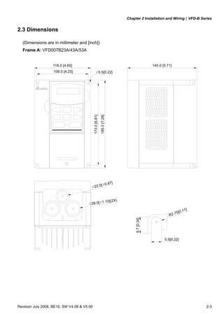 Chapter 2 Installation and Wiring|VFD-B Series
Revision July 2008, BE16, SW V4.08 & V5.00 2-3
2.3 Dimensions
(Dimensions are in millimeter and [inch])
Frame A: VFD007B23A/43A/53A
5.5[0.22]108.0 [4.25]
118.0 [4.65]
173.0[6.81]
185.0[7.28]
5.5[0.22]
R2.75[0.11]
145.0 [5.71]
8.7[0.34]
22.0[ 0.87]
28.0[ 1.10](2X)
 