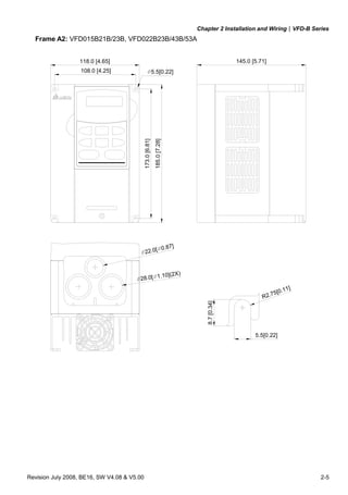 Chapter 2 Installation and Wiring|VFD-B Series
Revision July 2008, BE16, SW V4.08 & V5.00 2-5
Frame A2: VFD015B21B/23B, VFD022B23B/43B/53A
5.5[0.22]
R2.75[0.11]
28.0[ 1.10](2X)
22.0[ 0.87]
8.7[0.34]
145.0 [5.71]118.0 [4.65]
108.0 [4.25] 5.5[0.22]
185.0[7.28]
173.0[6.81]
 