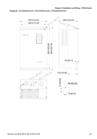 Chapter 2 Installation and Wiring|VFD-B Series
Revision July 2008, BE16, SW V4.08 & V5.00 2-9
Frame E: VFD300B43A/53A, VFD370B43A/53A, VFD450B43A/53A
335.0 [13.19]
370.0 [14.57] 260.0 [10.24]
589.0[23.19]
560.0[22.05]
18.0 [0.71]
132.5 [5.22]
R6.5[0.25]
13.0[0.51]
21.0[0.83]
 