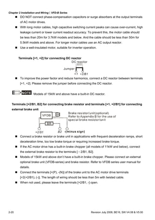 Chapter 2 Installation and Wiring|VFD-B Series
2-20 Revision July 2008, BE16, SW V4.08 & V5.00
DO NOT connect phase-compensation capacitors or surge absorbers at the output terminals
of AC motor drives.
With long motor cables, high capacitive switching current peaks can cause over-current, high
leakage current or lower current readout accuracy. To prevent this, the motor cable should
be less than 20m for 3.7kW models and below. And the cable should be less than 50m for
5.5kW models and above. For longer motor cables use an AC output reactor.
Use a well-insulated motor, suitable for inverter operation.
Terminals [+1, +2] for connecting DC reactor
+1
Jumper
DC reactor
To improve the power factor and reduce harmonics, connect a DC reactor between terminals
[+1, +2]. Please remove the jumper before connecting the DC reactor.
NOTE Models of 15kW and above have a built-in DC reactor.
Terminals [+2/B1, B2] for connecting brake resistor and terminals [+1, +2/B1] for connecting
external brake unit
B2
VFDB
-(minus sign)
BR
BR
Connect a brake resistor or brake unit in applications with frequent deceleration ramps, short
deceleration time, too low brake torque or requiring increased brake torque.
If the AC motor drive has a built-in brake chopper (all models of 11kW and below), connect
the external brake resistor to the terminals [＋2/B1, B2].
Models of 15kW and above don’t have a built-in brake chopper. Please connect an external
optional brake unit (VFDB-series) and brake resistor. Refer to VFDB series user manual for
details.
Connect the terminals [+(P), -(N)] of the brake unit to the AC motor drive terminals
[+2(+2/B1), (-)]. The length of wiring should be less than 5m with twisted cable.
When not used, please leave the terminals [+2/B1, -] open.
 