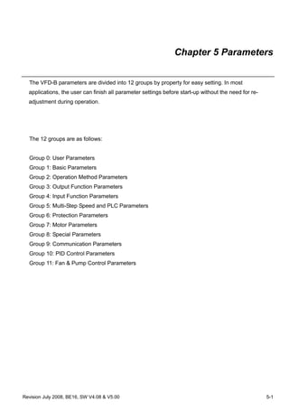 Revision July 2008, BE16, SW V4.08 & V5.00 5-1
Chapter 5 Parameters
The VFD-B parameters are divided into 12 groups by property for easy setting. In most
applications, the user can finish all parameter settings before start-up without the need for re-
adjustment during operation.
The 12 groups are as follows:
Group 0: User Parameters
Group 1: Basic Parameters
Group 2: Operation Method Parameters
Group 3: Output Function Parameters
Group 4: Input Function Parameters
Group 5: Multi-Step Speed and PLC Parameters
Group 6: Protection Parameters
Group 7: Motor Parameters
Group 8: Special Parameters
Group 9: Communication Parameters
Group 10: PID Control Parameters
Group 11: Fan & Pump Control Parameters
 