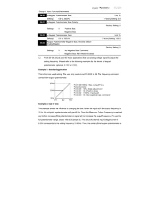 Chapter 4 Parameters |
Group 4: Input Function Parameters
04.00 Keypad Potentiometer Bias Unit: %
Settings 0.0 to 200.0% Factory Setting: 0.0
04.01 Keypad Potentiometer Bias Polarity
Factory Setting: 0
Settings 0 Positive Bias
1 Negative Bias
04.02 Keypad Potentiometer Gain Unit: %
Settings 0.1 to 200.0% Factory Setting: 100.0
04.03
Keypad Potentiometer Negative Bias, Reverse Motion
Enable/Disable
Factory Setting: 0
Settings 0 No Negative Bias Command
1 Negative Bias: REV Motion Enabled
Pr.04.00~04.03 are used for those applications that use analog voltage signal to adjust the
setting frequency. Please refer to the following examples for the details of keypad
potentiometer (optional, 0~10V or ±10V).
Example 1: Standard application
This is the most used setting. The user only needs to set Pr.02.00 to 04. The frequency command
comes from keypad potentiometer.
60Hz
0Hz
0V 5V 10V
Pr.01.00=60Hz--Max. output Freq.
Potentiometer
Pr.04.00 =0%--Bias adjustment
Pr.04.01 =0--Positive bias
Pr.04.02 =100%--Input gain
Pr.04.03 =0--No negative bias command
30Hz
Example 2: Use of bias
This example shows the influence of changing the bias. When the input is 0V the output frequency is
10 Hz. At mid-point a potentiometer will give 40 Hz. Once the Maximum Output Frequency is reached,
any further increase of the potentiometer or signal will not increase the output frequency. (To use the
full potentiometer range, please refer to Example 3.) The value of external input voltage/current 0-
8.33V corresponds to the setting frequency 10-60Hz. Thus, the center of the keypad potentiometer is
 
