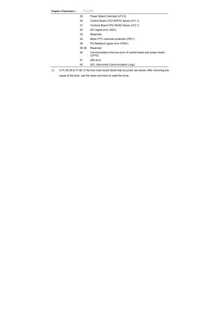 Chapter 4 Parameters |
29 Power Board Overheat (cF3.5)
30 Control Board CPU WRITE failure (cF1.1)
31 Contrsol Board CPU READ failure (cF2.1)
32 ACI signal error (AErr)
33 Reserved
34 Motor PTC overheat protection (PtC1)
35 PG feedback signal error (PGEr)
36-39 Reserved
40 Communication time-out error of control board and power board
(CP10)
41 dEb error
42 ACL (Abnormal Communication Loop)
In Pr.06.08 to Pr.06.12 the five most recent faults that occurred, are stored. After removing the
cause of the fault, use the reset command to reset the drive.
 
