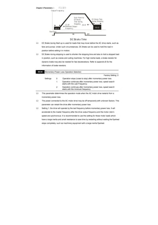 Chapter 4 Parameters |
Run/Stop
ON OFF
01.05 08.03
Output Frequency
Minimum Output
Frequenc y
Start-Point for
DC Brake
Time during
Stopping
DC Brake Time
during Stopping
DC Brake Time
08.01
08.02
DC Brake during Start-up is used for loads that may move before the AC drive starts, such as
fans and pumps. Under such circumstances, DC Brake can be used to hold the load in
position before setting it in motion.
DC Brake during stopping is used to shorten the stopping time and also to hold a stopped load
in position, such as cranes and cutting machines. For high inertia loads, a brake resistor for
dynamic brake may also be needed for fast decelerations. Refer to appendix B for the
information of brake resistors.
08.04 Momentary Power Loss Operation Selection
Factory Setting: 0
Settings 0 Operation stops (coast to stop) after momentary power loss.
1 Operation continues after momentary power loss, speed search
starts with the Last Frequency.
2 Operation continues after momentary power loss, speed search
starts with the minimum frequency.
This parameter determines the operation mode when the AC motor drive restarts from a
momentary power loss.
The power connected to the AC motor drive may be off temporarily with unknown factors. This
parameter can restart the drive after momentary power loss.
Setting 1: the drive will operate by the last frequency before momentary power loss. It will
accelerate to the master frequency after the drive output frequency and the motor rotor’s
speed are synchronous. It is recommended to use this setting for those motor loads which
have a large inertia and small resistance to save time by restarting without waiting the flywheel
stops completely, such as machinery equipment with a large-inertia flywheel.
 
