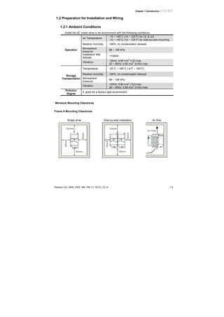 Chapter 1 Introduction|
Revision Oct. 2009, 07EE, SW--PW V1.14/CTL V2.14 1-9
1.2 Preparation for Installation and Wiring
1.2.1 Ambient Conditions
Install the AC motor drive in an environment with the following conditions:
Air Temperature:
-10 ~ +50°C (14 ~ 122°F) for UL & cUL
-10 ~ +40°C (14 ~ 104°F) for side-by-side mounting
Relative Humidity: <90%, no condensation allowed
Atmosphere
pressure:
86 ~ 106 kPa
Installation Site
Altitude:
<1000m
Operation
Vibration:
<20Hz: 9.80 m/s
2
(1G) max
20 ~ 50Hz: 5.88 m/s
2
(0.6G) max
Temperature: -20°C ~ +60°C (-4°F ~ 140°F)
Relative Humidity: <90%, no condensation allowed
Atmosphere
pressure:
86 ~ 106 kPa
Storage
Transportation
Vibration:
<20Hz: 9.80 m/s
2
(1G) max
20 ~ 50Hz: 5.88 m/s
2
(0.6G) max
Pollution
Degree
2: good for a factory type environment.
Minimum Mounting Clearances
Frame A Mounting Clearances
Single drive Side-by-side installation Air flow
120mm
120mm
50mm
50mm
120mm
120mm
50mm
50mm
Air Flow
 