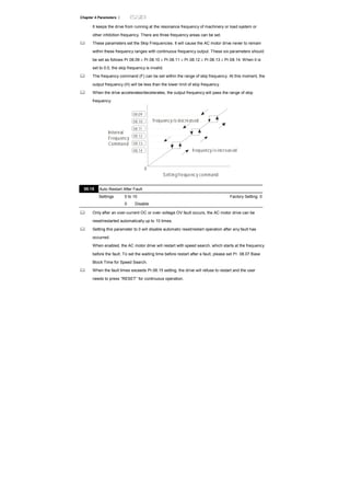 Chapter 4 Parameters |
It keeps the drive from running at the resonance frequency of machinery or load system or
other inhibition frequency. There are three frequency areas can be set.
These parameters set the Skip Frequencies. It will cause the AC motor drive never to remain
within these frequency ranges with continuous frequency output. These six parameters should
be set as follows Pr.08.09 ≥ Pr.08.10 ≥ Pr.08.11 ≥ Pr.08.12 ≥ Pr.08.13 ≥ Pr.08.14. When it is
set to 0.0, the skip frequency is invalid.
The frequency command (F) can be set within the range of skip frequency. At this moment, the
output frequency (H) will be less than the lower limit of skip frequency.
When the drive accelerates/decelerates, the output frequency will pass the range of skip
frequency.
0
08.09
08.10
08.11
08.12
08.13
08.14
Internal
Frequency
Command
Sett ing frequency command
frequency is decreased
frequency is increased
08.15 Auto Restart After Fault
Settings 0 to 10 Factory Setting: 0
0 Disable
Only after an over-current OC or over-voltage OV fault occurs, the AC motor drive can be
reset/restarted automatically up to 10 times.
Setting this parameter to 0 will disable automatic reset/restart operation after any fault has
occurred.
When enabled, the AC motor drive will restart with speed search, which starts at the frequency
before the fault. To set the waiting time before restart after a fault, please set Pr. 08.07 Base
Block Time for Speed Search.
When the fault times exceeds Pr.08.15 setting, the drive will refuse to restart and the user
needs to press “RESET” for continuous operation.
 