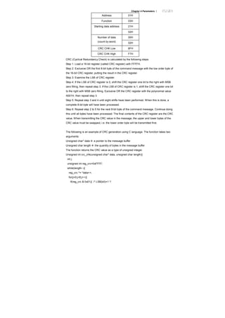 Chapter 4 Parameters |
Address 01H
Function 03H
21HStarting data address
02H
00HNumber of data
(count by word) 02H
CRC CHK Low 6FH
CRC CHK High F7H
CRC (Cyclical Redundancy Check) is calculated by the following steps:
Step 1: Load a 16-bit register (called CRC register) with FFFFH.
Step 2: Exclusive OR the first 8-bit byte of the command message with the low order byte of
the 16-bit CRC register, putting the result in the CRC register.
Step 3: Examine the LSB of CRC register.
Step 4: If the LSB of CRC register is 0, shift the CRC register one bit to the right with MSB
zero filling, then repeat step 3. If the LSB of CRC register is 1, shift the CRC register one bit
to the right with MSB zero filling, Exclusive OR the CRC register with the polynomial value
A001H, then repeat step 3.
Step 5: Repeat step 3 and 4 until eight shifts have been performed. When this is done, a
complete 8-bit byte will have been processed.
Step 6: Repeat step 2 to 5 for the next 8-bit byte of the command message. Continue doing
this until all bytes have been processed. The final contents of the CRC register are the CRC
value. When transmitting the CRC value in the message, the upper and lower bytes of the
CRC value must be swapped, i.e. the lower order byte will be transmitted first.
The following is an example of CRC generation using C language. The function takes two
arguments:
Unsigned char* data a pointer to the message buffer
Unsigned char length the quantity of bytes in the message buffer
The function returns the CRC value as a type of unsigned integer.
Unsigned int crc_chk(unsigned char* data, unsigned char length){
int j;
unsigned int reg_crc=0xFFFF;
while(length--){
reg_crc ^= *data++;
for(j=0;j<8;j++){
if(reg_crc & 0x01){ /* LSB(b0)=1 */
 