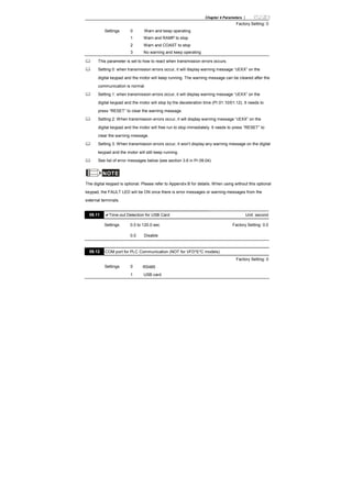 Chapter 4 Parameters |
Factory Setting: 0
Settings 0 Warn and keep operating
1 Warn and RAMP to stop
2 Warn and COAST to stop
3 No warning and keep operating
This parameter is set to how to react when transmission errors occurs.
Setting 0: when transmission errors occur, it will display warning message “cEXX” on the
digital keypad and the motor will keep running. The warning message can be cleared after the
communication is normal.
Setting 1: when transmission errors occur, it will display warning message “cEXX” on the
digital keypad and the motor will stop by the deceleration time (Pr.01.10/01.12). It needs to
press “RESET” to clear the warning message.
Setting 2: When transmission errors occur, it will display warning message “cEXX” on the
digital keypad and the motor will free run to stop immediately. It needs to press “RESET” to
clear the warning message.
Setting 3: When transmission errors occur, it won’t display any warning message on the digital
keypad and the motor will still keep running.
See list of error messages below (see section 3.6 in Pr.09.04)
NOTE
The digital keypad is optional. Please refer to Appendix B for details. When using without this optional
keypad, the FAULT LED will be ON once there is error messages or warning messages from the
external terminals.
09.11 Time-out Detection for USB Card Unit: second
Settings 0.0 to 120.0 sec Factory Setting: 0.0
0.0 Disable
09.12 COM port for PLC Communication (NOT for VFD*E*C models)
Factory Setting: 0
Settings 0 RS485
1 USB card
 