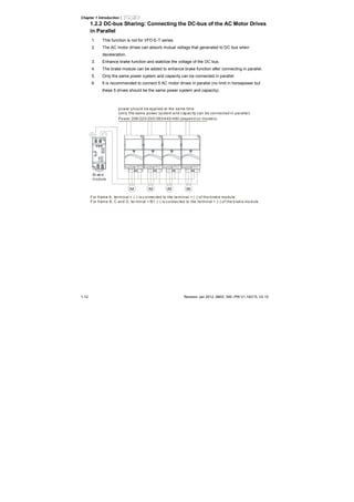 Chapter 1 Introduction|
1-12 Revision Jan 2012, 08EE, SW--PW V1.15/CTL V2.15
1.2.2 DC-bus Sharing: Connecting the DC-bus of the AC Motor Drives
in Parallel
1. This function is not for VFD-E-T series.
2. The AC motor drives can absorb mutual voltage that generated to DC bus when
deceleration.
3. Enhance brake function and stabilize the voltage of the DC bus.
4. The brake module can be added to enhance brake function after connecting in parallel.
5. Only the same power system and capacity can be connected in parallel.
6. It is recommended to connect 5 AC motor drives in parallel (no limit in horsepower but
these 5 drives should be the same power system and capacity).
U V W U V W U V W U V W
IM IM IM IM
Power 208/220/230/380/440/480 (depend on model s)
power should be applied at the same time
(only the same power sy stem and c apac ity can be connected in parallel)
Brak e
module
For frame A, terminal + (-) is c onnected to the terminal + (-) of the brake module.
For frame B, C and D, terminal +/B1 (-) is connec ted to the terminal + (-) of the brak e module.
 