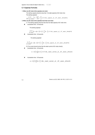 Appendix C How to Select the Right AC Motor Drive |
Revision Jan 2012, 08EE, SW--PW V1.15/CTL V2.15
C-2
C.1 Capacity Formulas
1. When one AC motor drive operates one motor
The starting capacity should be less than 1.5x rated capacity of AC motor drive
The starting capacity=
)(_____5.1
375cos973
2
kVAdrivemotorACofcapacitythe
t
NGD
T
Nk
A
L ×≤⎟⎟
⎠
⎞
⎜⎜
⎝
⎛
×+
××
×
ϕη
2. When one AC motor drive operates more than one motor
2.1 The starting capacity should be less than the rated capacity of AC motor drive
Acceleration time ≦60 seconds
The starting capacity=
( )[ ] ( ) )(_____5.11
cos
111 kVAdrivemotorACofcapacitythek
n
n
Pknn
Nk
sCss
T
s
T ×≤+=+
×
×
⎥
⎥
⎥
⎦
⎤
⎢
⎢
⎢
⎣
⎡
−−
ϕη
Acceleration time ≧60 seconds
The starting capacity=
( )[ ] ( ) )(_____1
cos
111 kVAdrivemotorACofcapacitythek
n
n
Pknn
Nk
sCss
T
s
T ≤+=+
×
×
⎥
⎥
⎥
⎦
⎤
⎢
⎢
⎢
⎣
⎡
−−
ϕη
2.2 The current should be less than the rated current of AC motor drive(A)
Acceleration time ≦60 seconds
)(______5.111 AdrivemotorACofcurrentratedthekn
nIn SM
T
S
T ×≤++ ⎥
⎦
⎤
⎢
⎣
⎡
⎟
⎠
⎞⎜
⎝
⎛ −
Acceleration time ≧60 seconds
)(______11 AdrivemotorACofcurrentratedthekn
nIn SM
T
S
T ≤++ ⎥
⎦
⎤
⎢
⎣
⎡
⎟
⎠
⎞⎜
⎝
⎛ −
 