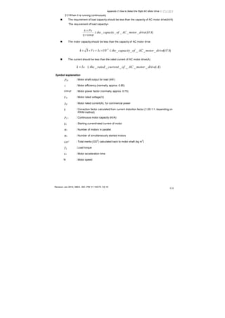 Appendix C How to Select the Right AC Motor Drive |
Revision Jan 2012, 08EE, SW--PW V1.15/CTL V2.15
C-3
2.3 When it is running continuously
The requirement of load capacity should be less than the capacity of AC motor drive(kVA)
The requirement of load capacity=
)(_____
cos
kVAdrivemotorACofcapacitythe
Pk M
≤
×
×
ϕη
The motor capacity should be less than the capacity of AC motor drive
)(_____103 3
kVAdrivemotorACofcapacitytheIVk MM ≤×××× −
The current should be less than the rated current of AC motor drive(A)
)(______ AdrivemotorACofcurrentratedtheIk M ≤×
Symbol explanation
MP : Motor shaft output for load (kW)
η : Motor efficiency (normally, approx. 0.85)
ϕcos : Motor power factor (normally, approx. 0.75)
MV : Motor rated voltage(V)
MI : Motor rated current(A), for commercial power
k : Correction factor calculated from current distortion factor (1.05-1.1, depending on
PWM method)
1CP : Continuous motor capacity (kVA)
Sk : Starting current/rated current of motor
Tn : Number of motors in parallel
Sn : Number of simultaneously started motors
2
GD : Total inertia (GD
2
) calculated back to motor shaft (kg m
2
)
LT : Load torque
At : Motor acceleration time
N : Motor speed
 
