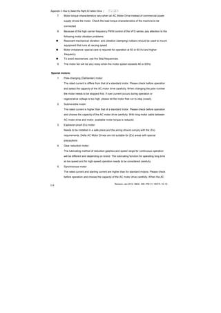 Appendix C How to Select the Right AC Motor Drive |
Revision Jan 2012, 08EE, SW--PW V1.15/CTL V2.15
C-6
7. Motor torque characteristics vary when an AC Motor Drive instead of commercial power
supply drives the motor. Check the load torque characteristics of the machine to be
connected.
8. Because of the high carrier frequency PWM control of the VFD series, pay attention to the
following motor vibration problems:
Resonant mechanical vibration: anti-vibration (damping) rubbers should be used to mount
equipment that runs at varying speed.
Motor imbalance: special care is required for operation at 50 or 60 Hz and higher
frequency.
To avoid resonances, use the Skip frequencies.
9. The motor fan will be very noisy when the motor speed exceeds 50 or 60Hz.
Special motors:
1. Pole-changing (Dahlander) motor:
The rated current is differs from that of a standard motor. Please check before operation
and select the capacity of the AC motor drive carefully. When changing the pole number
the motor needs to be stopped first. If over current occurs during operation or
regenerative voltage is too high, please let the motor free run to stop (coast).
2. Submersible motor:
The rated current is higher than that of a standard motor. Please check before operation
and choose the capacity of the AC motor drive carefully. With long motor cable between
AC motor drive and motor, available motor torque is reduced.
3. Explosion-proof (Ex) motor:
Needs to be installed in a safe place and the wiring should comply with the (Ex)
requirements. Delta AC Motor Drives are not suitable for (Ex) areas with special
precautions.
4. Gear reduction motor:
The lubricating method of reduction gearbox and speed range for continuous operation
will be different and depending on brand. The lubricating function for operating long time
at low speed and for high-speed operation needs to be considered carefully.
5. Synchronous motor:
The rated current and starting current are higher than for standard motors. Please check
before operation and choose the capacity of the AC motor drive carefully. When the AC
 