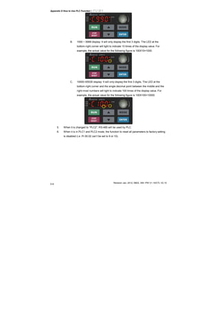 Appendix D How to Use PLC Function|
Revision Jan. 2012, 08EE, SW--PW V1.15/CTL V2.15
D-6
B. 1000 ~ 9999 display: It will only display the first 3 digits. The LED at the
bottom-right corner will light to indicate 10 times of the display value. For
example, the actual value for the following figure is 100X10=1000.
C. 10000~65535 display: It will only display the first 3 digits. The LED at the
bottom-right corner and the single decimal point between the middle and the
right-most numbers will light to indicate 100 times of the display value. For
example, the actual value for the following figure is 100X100=10000.
5. When it is changed to “PLC2”, RS-485 will be used by PLC.
6. When it is in PLC1 and PLC2 mode, the function to reset all parameters to factory setting
is disabled (i.e. Pr.00.02 can’t be set to 9 or 10).
 
