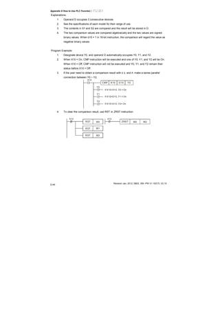 Appendix D How to Use PLC Function|
Revision Jan. 2012, 08EE, SW--PW V1.15/CTL V2.15
D-46
Explanations:
1. Operand D occupies 3 consecutive devices.
2. See the specifications of each model for their range of use.
3. The contents in S1 and S2 are compared and the result will be stored in D.
4. The two comparison values are compared algebraically and the two values are signed
binary values. When b15 = 1 in 16-bit instruction, the comparison will regard the value as
negative binary values.
Program Example:
1. Designate device Y0, and operand D automatically occupies Y0, Y1, and Y2.
2. When X10 = On, CMP instruction will be executed and one of Y0, Y1, and Y2 will be On.
When X10 = Off, CMP instruction will not be executed and Y0, Y1, and Y2 remain their
status before X10 = Off.
3. If the user need to obtain a comparison result with ≥ ≤, and ≠, make a series parallel
connection between Y0 ~ Y2.
X10
Y0
Y1
Y2
CMP K10 D10 Y0
If K10>D10, Y0 = On
If K10=D10, Y1 = On
If K10<D10, Y2= On
4. To clear the comparison result, use RST or ZRST instruction.
X10
RST M0
RST
RST
M1
M2
X10
ZRST M0 M2
 