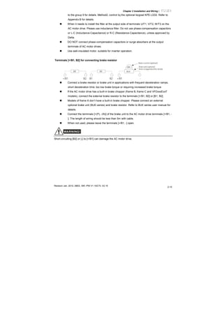 Chapter 2 Installation and Wiring|
Revision Jan. 2012, 08EE, SW--PW V1.15/CTL V2.15
2-15
to the group 9 for details. Method2, control by the optional keypad KPE-LE02. Refer to
Appendix B for details.
When it needs to install the filter at the output side of terminals U/T1, V/T2, W/T3 on the
AC motor drive. Please use inductance filter. Do not use phase-compensation capacitors
or L-C (Inductance-Capacitance) or R-C (Resistance-Capacitance), unless approved by
Delta.
DO NOT connect phase-compensation capacitors or surge absorbers at the output
terminals of AC motor drives.
Use well-insulated motor, suitable for inverter operation.
Terminals [+/B1, B2] for connecting brake resistor
BR
B2
BR
+/B1 B2
BR
B1 -
BUE
+/B1
Brakeresistor (optional)
Brake unit(optional)
Refer to Appendix B for details.
Connect a brake resistor or brake unit in applications with frequent deceleration ramps,
short deceleration time, too low brake torque or requiring increased brake torque.
If the AC motor drive has a built-in brake chopper (frame B, frame C and VFDxxxExxT
models), connect the external brake resistor to the terminals [+/B1, B2] or [B1, B2].
Models of frame A don’t have a built-in brake chopper. Please connect an external
optional brake unit (BUE-series) and brake resistor. Refer to BUE series user manual for
details.
Connect the terminals [+(P), -(N)] of the brake unit to the AC motor drive terminals [+/B1, -
]. The length of wiring should be less than 5m with cable.
When not used, please leave the terminals [+/B1, -] open.
WARNING!
Short-circuiting [B2] or [-] to [+/B1] can damage the AC motor drive.
 