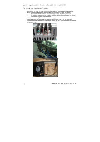 Appendix F Suggestions and Error Corrections for Standard AC Motor Drives |
Revision Jan. 2012, 08EE, SW--PW V1.15/CTL V2.15
F-10
F.6 Wiring and Installation Problem
When wiring the drive, the most common problem is wrong wire installation or poor wiring.
Please be aware of the possible damages that poor wiring may cause to your drives:
1. Screws are not fully fastened. Occurrence of sparks as impedance increases.
2. If a customer has opened the drive and modified the internal circuit board, the internal
components may have been damaged.
Solution:
Ensure all screws are fastened when installing the AC motor drive. If the AC motor drive
functions abnormally, send it back to the repair station. DO NOT try to reassemble the internal
components or wire.
 
