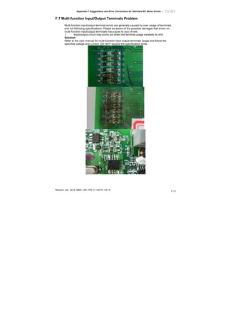 Appendix F Suggestions and Error Corrections for Standard AC Motor Drives |
Revision Jan. 2012, 08EE, SW--PW V1.15/CTL V2.15
F-11
F.7 Multi-function Input/Output Terminals Problem
Multi-function input/output terminal errors are generally caused by over usage of terminals
and not following specifications. Please be aware of the possible damages that errors on
multi-function input/output terminals may cause to your drives:
1. Input/output circuit may burns out when the terminal usage exceeds its limit.
Solution:
Refer to the user manual for multi-function input output terminals usage and follow the
specified voltage and current. DO NOT exceed the specification limits.
 
