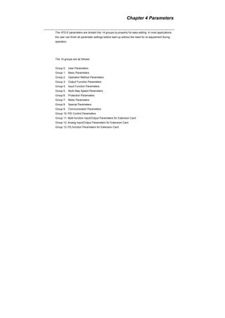 Chapter 4 Parameters
The VFD-E parameters are divided into 14 groups by property for easy setting. In most applications,
the user can finish all parameter settings before start-up without the need for re-adjustment during
operation.
The 14 groups are as follows:
Group 0: User Parameters
Group 1: Basic Parameters
Group 2: Operation Method Parameters
Group 3: Output Function Parameters
Group 4: Input Function Parameters
Group 5: Multi-Step Speed Parameters
Group 6: Protection Parameters
Group 7: Motor Parameters
Group 8: Special Parameters
Group 9: Communication Parameters
Group 10: PID Control Parameters
Group 11: Multi-function Input/Output Parameters for Extension Card
Group 12: Analog Input/Output Parameters for Extension Card
Group 13: PG function Parameters for Extension Card
 