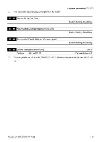 Chapter 4 Parameters|
Revision July 2008, EG03, SW V1.06 4-61
This parameter could display running time of the motor.
07 - 10 Electric Bill for One Time
Factory Setting: Read Only
07 - 11 Accumulated Electric Bill (per currency unit)
Factory Setting: Read Only
07 - 12 Accumulated Electric Bill (per 104
currency unit)
Factory Setting: Read Only
07 - 13 Electric Rate (per currency unit) Unit: 1
Settings 0.01 to 655.35 Factory Setting: 0.6
You can get electric bill from Pr. 07-10 to Pr. 07-12 after inputting local electric rate into Pr. 07-
13.
 