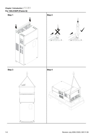 Chapter 1 Introduction|
1-8 Revision July 2008, EG03, SW V1.06
For 150-215HP (Frame G)
Step 1 Step 2
Step 3 Step 4
 