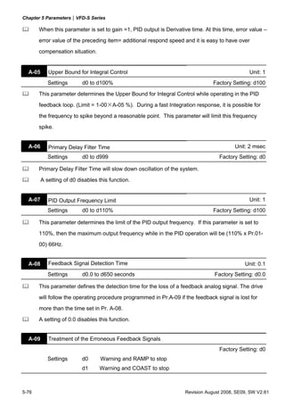 Chapter 5 Parameters|VFD-S Series

       When this parameter is set to gain =1, PID output is Derivative time. At this time, error value –
       error value of the preceding item= additional respond speed and it is easy to have over
       compensation situation.


  A-05      Upper Bound for Integral Control                                                    Unit: 1
            Settings       d0 to d100%                                           Factory Setting: d100

       This parameter determines the Upper Bound for Integral Control while operating in the PID

       feedback loop. (Limit = 1-00×A-05 %). During a fast Integration response, it is possible for
       the frequency to spike beyond a reasonable point. This parameter will limit this frequency
       spike.


  A-06      Primary Delay Filter Time                                                     Unit: 2 msec
            Settings       d0 to d999                                              Factory Setting: d0

       Primary Delay Filter Time will slow down oscillation of the system.

         A setting of d0 disables this function.


  A-07      PID Output Frequency Limit                                                          Unit: 1
            Settings       d0 to d110%                                           Factory Setting: d100

       This parameter determines the limit of the PID output frequency. If this parameter is set to
       110%, then the maximum output frequency while in the PID operation will be (110% x Pr.01-
       00) 66Hz.


  A-08      Feedback Signal Detection Time                                                    Unit: 0.1
            Settings       d0.0 to d650 seconds                                  Factory Setting: d0.0

       This parameter defines the detection time for the loss of a feedback analog signal. The drive
       will follow the operating procedure programmed in Pr.A-09 if the feedback signal is lost for
       more than the time set in Pr. A-08.

       A setting of 0.0 disables this function.


  A-09      Treatment of the Erroneous Feedback Signals
                                                                                   Factory Setting: d0
            Settings       d0      Warning and RAMP to stop
                           d1     Warning and COAST to stop



5-76                                                                 Revision August 2008, SE09, SW V2.61
 