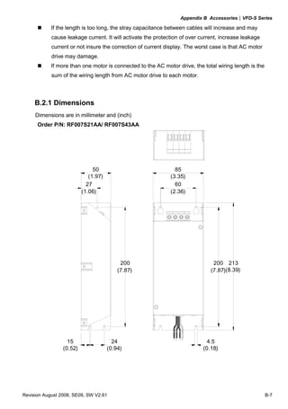 Appendix B Accessories|VFD-S Series

            If the length is too long, the stray capacitance between cables will increase and may
            cause leakage current. It will activate the protection of over current, increase leakage
            current or not insure the correction of current display. The worst case is that AC motor
            drive may damage.
            If more than one motor is connected to the AC motor drive, the total wiring length is the
            sum of the wiring length from AC motor drive to each motor.




     B.2.1 Dimensions
     Dimensions are in millimeter and (inch)
      Order P/N: RF007S21AA/ RF007S43AA




                               50                               85
                             (1.97)                           (3.35)
                            27                                  60
                          (1.06)                              (2.36)




                                           200                                  200 213
                                          (7.87)                               (7.87)(8.39)




                   15                   24                                    4.5
                 (0.52)               (0.94)                                (0.18)




Revision August 2008, SE09, SW V2.61                                                                    B-7
 