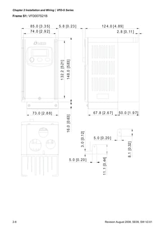 Chapter 2 Installation and Wiring|VFD-S Series

Frame S1: VFD007S21B


             85 .0 [3 .3 5]        5. 8 [0. 23 ]                                       12 4. 0 [ 4. 89]
             74 .0 [2 .9 2]                                                                       2. 8 [0. 11 ]




                                                   148.0 [5.83]
                                   1 32.2 [5.21]




               73 .0 [2 .8 8]                                                    67 .8 [2 .6 7]         50 .0 [1 .9 7]
                                                   16.0 [0.63]


                                                                   3. 0 [0.12]




                                                                                 5. 0 [0. 20 ]
                                                                                                               8.1 [0.32]
                                                                                       11 .1 [0.44]




                                                           5. 0 [0. 20 ]




2-8                                                                                           Revision August 2008, SE09, SW V2.61
 