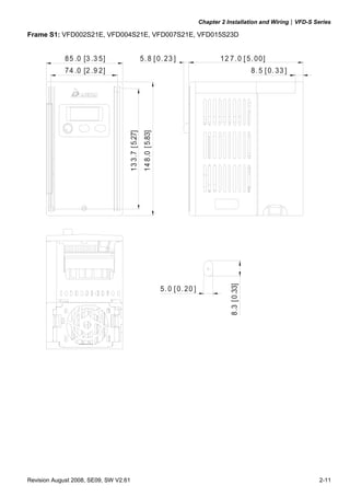 Chapter 2 Installation and Wiring|VFD-S Series

Frame S1: VFD002S21E, VFD004S21E, VFD007S21E, VFD015S23D


             85 .0 [3 .3 5]                         5. 8 [ 0. 23 ]                            12 7. 0 [ 5. 00]
             74 .0 [2 .9 2]                                                                                     8. 5 [ 0. 33 ]




                                   13 3.7 [ 5.27]
                                                     14 8.0 [ 5.83]




                                                                                                  8.3 [ 0.33]




                                                                      5. 0 [ 0. 20 ]




Revision August 2008, SE09, SW V2.61                                                                                             2-11
 