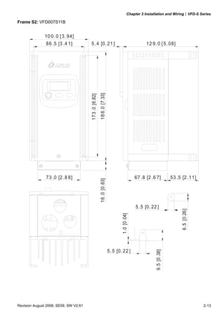 Chapter 2 Installation and Wiring|VFD-S Series

Frame S2: VFD007S11B


              10 0. 0 [ 3. 94]
               86 .5 [3 .4 1]           5. 4 [0. 21 ]                                              12 9. 0 [ 5. 08]




                                                       18 6.0 [7.33]
                                       173 .0 [6.82]




               73 .0 [2 .8 8]                                                                67 .8 [2 .6 7]           53 .5 [2 .11]
                                                       16 .0 [0 .63]




                                                                                             5. 5 [0. 22 ]
                                                                                                                           6.5 [0.26]
                                                                               1.0 [0 .04]




                                                                       5. 5 [0. 22 ]
                                                                                                        9.5 [0 .38]




Revision August 2008, SE09, SW V2.61                                                                                                    2-13
 