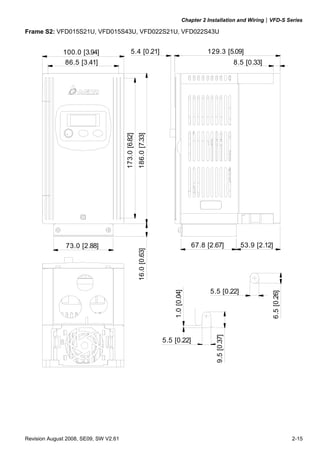 Chapter 2 Installation and Wiring|VFD-S Series

Frame S2: VFD015S21U, VFD015S43U, VFD022S21U, VFD022S43U


              100.0 [3.94]                    5.4 [0.21]                                   129.3 [5.09]
               86.5 [3.41]                                                                                 8.5 [0.33]




                                       173.0 [6.82]
                                                      186.0 [7.33]




               73.0 [2.88]                                                            67.8 [2.67]            53.9 [2.12]
                                                      16.0 [0.63]




                                                                                            5.5 [0.22]
                                                                         1.0 [0.04]




                                                                                                                        6.5 [0.26]
                                                                                              9.5 [0.37]




                                                                     5.5 [0.22]




Revision August 2008, SE09, SW V2.61                                                                                                 2-15
 