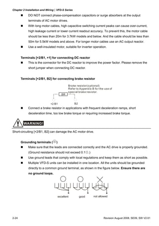 Chapter 2 Installation and Wiring|VFD-S Series

            DO NOT connect phase-compensation capacitors or surge absorbers at the output
            terminals of AC motor drives.
            With long motor cables, high capacitive switching current peaks can cause over-current,
            high leakage current or lower current readout accuracy. To prevent this, the motor cable
            should be less than 20m for 3.7kW models and below. And the cable should be less than
            50m for 5.5kW models and above. For longer motor cables use an AC output reactor.
            Use a well-insulated motor, suitable for inverter operation.


       Terminals [+2/B1, +1] for connecting DC reactor
            This is the connector for the DC reactor to improve the power factor. Please remove the
            short jumper when connecting DC reactor.


       Terminals [+2/B1, B2] for connecting brake resistor

                                             Bra ke resistor(o ptiona l)
                                             Ref er to A ppend ix B fo r the use of
                                             s pecial brake resistor.
                                        BR


                             +2 /B1               B2
            Connect a brake resistor in applications with frequent deceleration ramps, short
            deceleration time, too low brake torque or requiring increased brake torque.


         WARNING!

Short-circuiting [+2/B1, B2] can damage the AC motor drive.


       Grounding terminals (     )
            Make sure that the leads are connected correctly and the AC drive is properly grounded.
            (Ground resistance should not exceed 0.1Ω.)
            Use ground leads that comply with local regulations and keep them as short as possible.
            Multiple VFD-S units can be installed in one location. All the units should be grounded
            directly to a common ground terminal, as shown in the figure below. Ensure there are
            no ground loops.




                                     excellent         good        not allowed




2-24                                                                       Revision August 2008, SE09, SW V2.61
 