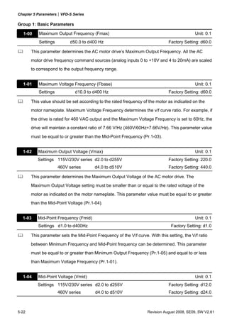 Chapter 5 Parameters|VFD-S Series

Group 1: Basic Parameters

  1-00     Maximum Output Frequency (Fmax)                                                    Unit: 0.1
           Settings        d50.0 to d400 Hz                                     Factory Setting: d60.0

       This parameter determines the AC motor drive’s Maximum Output Frequency. All the AC
       motor drive frequency command sources (analog inputs 0 to +10V and 4 to 20mA) are scaled
       to correspond to the output frequency range.


  1-01     Maximum Voltage Frequency (Fbase)                                                  Unit: 0.1
           Settings           d10.0 to d400 Hz                                  Factory Setting: d60.0

       This value should be set according to the rated frequency of the motor as indicated on the

       motor nameplate. Maximum Voltage Frequency determines the v/f curve ratio. For example, if
       the drive is rated for 460 VAC output and the Maximum Voltage Frequency is set to 60Hz, the
       drive will maintain a constant ratio of 7.66 V/Hz (460V/60Hz=7.66V/Hz). This parameter value

       must be equal to or greater than the Mid-Point Frequency (Pr.1-03).


  1-02    Maximum Output Voltage (Vmax)                                                       Unit: 0.1
          Settings 115V/230V series d2.0 to d255V                               Factory Setting: 220.0
                      460V series       d4.0 to d510V                           Factory Setting: 440.0

       This parameter determines the Maximum Output Voltage of the AC motor drive. The
       Maximum Output Voltage setting must be smaller than or equal to the rated voltage of the
       motor as indicated on the motor nameplate. This parameter value must be equal to or greater
       than the Mid-Point Voltage (Pr.1-04).


  1-03    Mid-Point Frequency (Fmid)                                                          Unit: 0.1
          Settings d1.0 to d400Hz                                                Factory Setting: d1.0

       This parameter sets the Mid-Point Frequency of the V/f curve. With this setting, the V/f ratio
       between Minimum Frequency and Mid-Point frequency can be determined. This parameter
       must be equal to or greater than Minimum Output Frequency (Pr.1-05) and equal to or less
       than Maximum Voltage Frequency (Pr.1-01).


  1-04    Mid-Point Voltage (Vmid)                                                            Unit: 0.1
          Settings 115V/230V series d2.0 to d255V                               Factory Setting: d12.0
                      460V series        d4.0 to d510V                          Factory Setting: d24.0



5-22                                                                 Revision August 2008, SE09, SW V2.61
 
