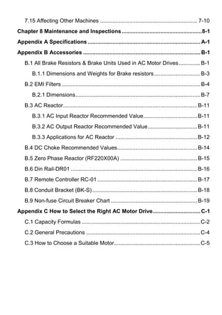 7.15 Affecting Other Machines ............................................................... 7-10
Chapter 8 Maintenance and Inspections ....................................................8-1
Appendix A Specifications ......................................................................... A-1
Appendix B Accessories ............................................................................ B-1
   B.1 All Brake Resistors & Brake Units Used in AC Motor Drives .............. B-1
       B.1.1 Dimensions and Weights for Brake resistors .............................. B-3
   B.2 EMI Filters .......................................................................................... B-4
       B.2.1 Dimensions................................................................................. B-7
   B.3 AC Reactor....................................................................................... B-11
       B.3.1 AC Input Reactor Recommended Value................................... B-11
       B.3.2 AC Output Reactor Recommended Value................................ B-11
       B.3.3 Applications for AC Reactor ..................................................... B-12
   B.4 DC Choke Recommended Values.................................................... B-14
   B.5 Zero Phase Reactor (RF220X00A) .................................................. B-15
   B.6 Din Rail-DR01 .................................................................................. B-16
   B.7 Remote Controller RC-01 ................................................................. B-17
   B.8 Conduit Bracket (BK-S) .................................................................... B-18
   B.9 Non-fuse Circuit Breaker Chart ........................................................ B-19
Appendix C How to Select the Right AC Motor Drive............................... C-1
   C.1 Capacity Formulas .............................................................................C-2
   C.2 General Precautions ..........................................................................C-4
   C.3 How to Choose a Suitable Motor........................................................C-5
 