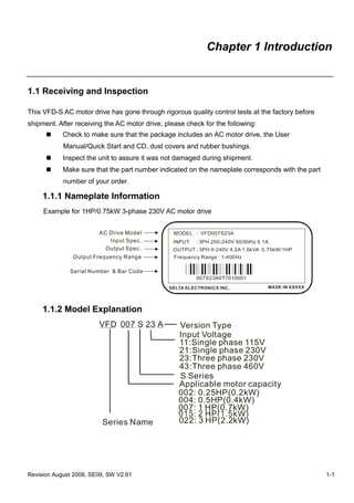 Revision August 2008, SE09, SW V2.61 1-1
Chapter 1 Introduction
1.1 Receiving and Inspection
This VFD-S AC motor drive has gone through rigorous quality control tests at the factory before
shipment. After receiving the AC motor drive, please check for the following:
Check to make sure that the package includes an AC motor drive, the User
Manual/Quick Start and CD, dust covers and rubber bushings.
Inspect the unit to assure it was not damaged during shipment.
Make sure that the part number indicated on the nameplate corresponds with the part
number of your order.
1.1.1 Nameplate Information
Example for 1HP/0.75kW 3-phase 230V AC motor drive
MODEL : VFD007S23A
INPUT : 3PH 200-240V 50/60Hz 5.1A
OUTPUT : 3PH 0-240V 4.2A 1.6kVA 0.75kW/1HP
Frequency Range : 1-400Hz
DELTA ELECTRONICS INC. MADE IN XXXXX
AC Drive Model
Input Spec.
Output Spec.
Output Frequency Range
Serial Number & Bar Code
007S23A0T7010001
1.1.2 Model Explanation
VFD A Version Type23
Input Voltage
11:Single phase 115V
23:Three phase 230V
43:Three phase 460V
S
S Series
007
Series Name
21:Single phase 230V
Applicable motor capacity
007: 1 HP(0.7kW)
022: 3 HP(2.2kW)
002: 0.25HP(0.2kW)
004: 0.5HP(0.4kW)
 
