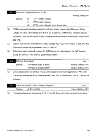 Chapter 5 Parameters|VFD-S Series
Revision August 2008, SE09, SW V2.61 5-61
8-15 Automatic Voltage Regulation (AVR)
Factory Setting: d0
Settings d0 AVR function enabled
d1 AVR function disabled
d2 AVR function disabled when deceleration
AVR function automatically regulates the AC drive output voltage to the Maximum Output
Voltage (Pr.1-02). For instance, if Pr.1-02 is set at 200 VAC and the input voltage is at 200V
to 264VAC, then the Maximum Output Voltage will automatically be reduced to a maximum of
200 VAC.
Without AVR function, the Maximum Output Voltage may vary between 180V to 264VAC, due
to the input voltage varying between 180V to 264 VAC.
Selecting program value d2 enables the AVR function and also disables the AVR function
during deceleration. This offers a quicker deceleration.
8-16 Software Brake Level Unit: 1
Settings 230V series: d350 to d450V Factory Setting: d380
460V series: d700to d900V Factory Setting: d760
During deceleration, the DC-bus voltage will increase due to motor regeneration. When DC
bus voltage level exceeds the Software Brake Level, the DC brake output pins (B1, B2) will be
activated.
8-17 Lower Bound of DC Brake Start-up Frequency Unit: 0.1
Settings d0.0 to d400 Hz Factory Setting: d0.0
The setting frequency is lower than Pr.8-17, the DC Brake will not be activated when stops.
 