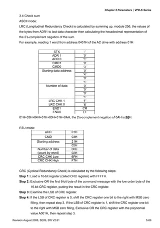 Chapter 5 Parameters|VFD-S Series
Revision August 2008, SE09, SW V2.61 5-69
3.4 Check sum
ASCII mode:
LRC (Longitudinal Redundancy Check) is calculated by summing up, module 256, the values of
the bytes from ADR1 to last data character then calculating the hexadecimal representation of
the 2’s-complement negation of the sum.
For example, reading 1 word from address 0401H of the AC drive with address 01H
STX ‘:’
‘0’ADR 1
ADR 0 ‘1’
‘0’CMD1
CMD0 ‘3’
‘0’
‘4’
‘0’
Starting data address
‘1’
‘0’
‘0’
‘0’
Number of data
‘1’
‘F’LRC CHK 1
LRC CHK 0 ‘6’
CREND1
END0 LF
01H+03H+04H+01H+00H+01H=0AH, the 2’s-complement negation of 0AH is F6H.
RTU mode:
ADR 01H
CMD 03H
21HStarting address
02H
00HNumber of data
(count by word) 02H
CRC CHK Low 6FH
CRC CHK High F7H
CRC (Cyclical Redundancy Check) is calculated by the following steps:
Step 1: Load a 16-bit register (called CRC register) with FFFFH.
Step 2: Exclusive OR the first 8-bit byte of the command message with the low order byte of the
16-bit CRC register, putting the result in the CRC register.
Step 3: Examine the LSB of CRC register.
Step 4: If the LSB of CRC register is 0, shift the CRC register one bit to the right with MSB zero
filling, then repeat step 3. If the LSB of CRC register is 1, shift the CRC register one bit
to the right with MSB zero filling, Exclusive OR the CRC register with the polynomial
value A001H, then repeat step 3.
 