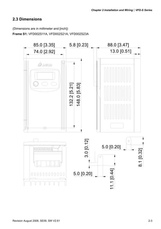 Chapter 2 Installation and Wiring|VFD-S Series
Revision August 2008, SE09, SW V2.61 2-3
2.3 Dimensions
(Dimensions are in millimeter and [inch])
Frame S1: VFD002S11A, VFD002S21A, VFD002S23A
85.0 [3.35]
132.2[5.21]
74.0 [2.92]
88.0 [3.47]5.8 [0.23]
5.0 [0.20]
3.0[0.12]
148.0[5.83]
5.0 [0.20]
11.1[0.44]
8.1[0.32]
13.0 [0.51]
 