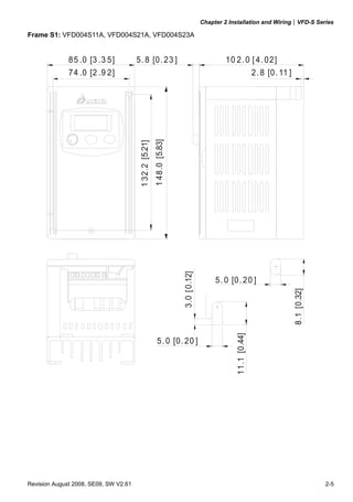 Chapter 2 Installation and Wiring|VFD-S Series
Revision August 2008, SE09, SW V2.61 2-5
Frame S1: VFD004S11A, VFD004S21A, VFD004S23A
5.0 [0.20 ]
3.0[0.12]
10 2.0 [4.02]85 .0 [3 .3 5]
132.2[5.21]
74 .0 [2 .9 2]
148.0[5.83]
5.8 [0.23 ]
5.0 [0.20 ]
11.1[0.44]
8.1[0.32]
2.8 [0.11 ]
 