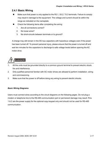 Chapter 2 Installation and Wiring|VFD-S Series
Revision August 2008, SE09, SW V2.61 2-17
2.4.1 Basic Wiring
Make sure that power is only applied to the R/L1, S/L2, T/L3 terminals. Failure to comply
may result in damage to the equipment. The voltage and current should lie within the
range as indicated on the nameplate.
Check the following items after completing the wiring:
1. Are all connections correct?
2. No loose wires?
3. No short-circuits between terminals or to ground?
A charge may still remain in the DC bus capacitors with hazardous voltages even if the power
has been turned off. To prevent personal injury, please ensure that the power is turned off and
wait ten minutes for the capacitors to discharge to safe voltage levels before opening the AC
motor drive.
DANGER!
1. All the units must be grounded directly to a common ground terminal to prevent electric shock,
fire and interference.
2. Only qualified personnel familiar with AC motor drives are allowed to perform installation, wiring
and commissioning.
3. Make sure that the power is off before doing any wiring to prevent electric shocks.
Basic Wiring Diagrams
Users must connect wires according to the circuit diagrams on the following pages. Do not plug a
modem or telephone line to the RS-485 communication port or permanent damage may result. Pins
1 & 2 are the power supply for the optional copy keypad only and should not be used for RS-485
communication.
 