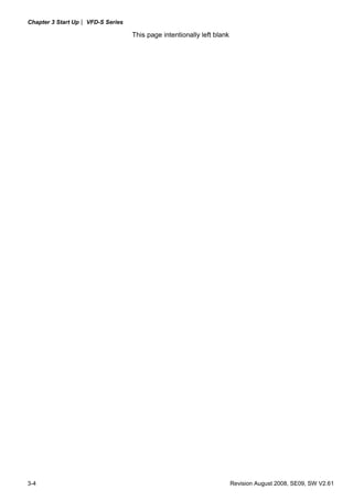 Chapter 3 Start Up| VFD-S Series
3-4 Revision August 2008, SE09, SW V2.61
This page intentionally left blank
 