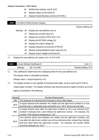 Chapter 5 Parameters|VFD-S Series
5-18 Revision August 2008, SE09, SW V2.61
d2 Multifunction display, see Pr.0-04
d3 Display output current (LED A)
d4 Display forward/reverse command (Frd/rEv)
0-04 Content of Multi-function Display
Factory Setting: d0
Settings d0 Display the user-defined unit (u)
d1 Display the counter value (C)
d2 Display the content of PLC time (1.tt)
d3 Display the DC BUS voltage (U)
d4 Display the output voltage (E)
d5 Display frequency commands of PID (P)
d6 Display analog feedback signal value (b) (%)
d7 Display output voltage command (G)
Display the user-defined unit, where unit = H X Pr.0-05.
0-05 User Defined Coefficient K Unit: 0. 1
Settings d0.1 to d160 Factory Setting: d1.0
The coefficient K determines the multiplying factor for the user-defined unit.
The display value is calculated as follows:
Display value = (output frequency x K)
The display window is only capable of showing three digits, yet you could use Pr.0-05 to
create larger numbers. The display windows uses decimal points to signify numbers up to five
digits as illustrated in the following:
Display Number Represented
999 The absence of a decimal point indicates a three–digit integer.
99.9
A signal decimal point between the middle and the right-most numbers is a true
decimal point; it separates ones and tenths as in “30.5” (thirty and one-half).
999.
A single decimal point after the right-most numbers is not a true decimal point,
instead it indicates that a zero follows the right-most number. For example, the
number 1230 would be displayed as “123.”
99.9.
Two decimal points (one between the middle and the right-most numbers, and
one after the right-most number) are not true decimal points; instead they indicate
that two zeros follow the right-most number. For example, the number 34500
would be displayed as “34.5.”.
 
