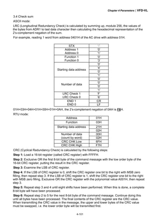 Chapter 4 Parameters|VFD-VL
4-101
3.4 Check sum
ASCII mode:
LRC (Longitudinal Redundancy Check) is calculated by summing up, module 256, the values of
the bytes from ADR1 to last data character then calculating the hexadecimal representation of the
2’s-complement negation of the sum.
For example, reading 1 word from address 0401H of the AC drive with address 01H.
STX ‘:’
‘0’Address 1
Address 0 ‘1’
‘0’Function 1
Function 0 ‘3’
‘0’
‘4’
‘0’
Starting data address
‘1’
‘0’
‘0’
‘0’
Number of data
‘1’
‘F’LRC Check 1
LRC Check 0 ‘6’
CREND 1
END 0 LF
01H+03H+04H+01H+00H+01H=0AH, the 2’s-complement negation of 0AH is F6H.
RTU mode:
Address 01H
Function 03H
21HStarting data address
02H
00HNumber of data
(count by word) 02H
CRC CHK Low 6FH
CRC CHK High F7H
CRC (Cyclical Redundancy Check) is calculated by the following steps:
Step 1: Load a 16-bit register (called CRC register) with FFFFH.
Step 2: Exclusive OR the first 8-bit byte of the command message with the low order byte of the
16-bit CRC register, putting the result in the CRC register.
Step 3: Examine the LSB of CRC register.
Step 4: If the LSB of CRC register is 0, shift the CRC register one bit to the right with MSB zero
filling, then repeat step 3. If the LSB of CRC register is 1, shift the CRC register one bit to the right
with MSB zero filling, Exclusive OR the CRC register with the polynomial value A001H, then repeat
step 3.
Step 5: Repeat step 3 and 4 until eight shifts have been performed. When this is done, a complete
8-bit byte will have been processed.
Step 6: Repeat step 2 to 5 for the next 8-bit byte of the command message. Continue doing this
until all bytes have been processed. The final contents of the CRC register are the CRC value.
When transmitting the CRC value in the message, the upper and lower bytes of the CRC value
must be swapped, i.e. the lower order byte will be transmitted first.
 