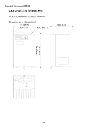 Appendix B Accessories|VFD-VL
B-8
B.1.3 Dimensions for Brake Unit
VFDB2015, VFDB2022, VFDB4030, VFDB4045
(Dimensions are in millimeter[inch])
80.0 [3.15]
121.0 [4.76]
189.5[7.46]
200.0[7.87]
130.0 [5.12]
R3.3 [R0.13]
ACT.
YELLOW
CHARGE
GREEN
ERR.
RED
 