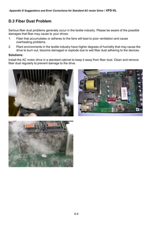 Appendix D Suggestions and Error Corrections for Standard AC motor Drive|VFD-VL
D-8
D.3 Fiber Dust Problem
Serious fiber dust problems generally occur in the textile industry. Please be aware of the possible
damages that fiber may cause to your drives:
1. Fiber that accumulates or adheres to the fans will lead to poor ventilation and cause
overheating problems.
2. Plant environments in the textile industry have higher degrees of humidity that may cause the
drive to burn out, become damaged or explode due to wet fiber dust adhering to the devices.
Solutions:
Install the AC motor drive in a standard cabinet to keep it away from fiber dust. Clean and remove
fiber dust regularly to prevent damage to the drive.
 