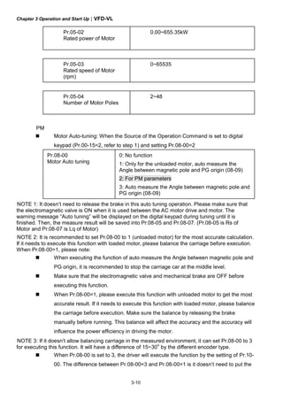 Chapter 3 Operation and Start Up|VFD-VL
3-10
Pr.05-02
Rated power of Motor
0.00~655.35kW
Pr.05-03
Rated speed of Motor
(rpm)
0~65535
Pr.05-04
Number of Motor Poles
2~48
PM
Motor Auto-tuning: When the Source of the Operation Command is set to digital
keypad (Pr.00-15=2, refer to step 1) and setting Pr.08-00=2
Pr.08-00
Motor Auto tuning
0: No function
1: Only for the unloaded motor, auto measure the
Angle between magnetic pole and PG origin (08-09)
2: For PM parameters
3: Auto measure the Angle between magnetic pole and
PG origin (08-09)
NOTE 1: It doesn’t need to release the brake in this auto tuning operation. Please make sure that
the electromagnetic valve is ON when it is used between the AC motor drive and motor. The
warning message “Auto tuning” will be displayed on the digital keypad during tuning until it is
finished. Then, the measure result will be saved into Pr.08-05 and Pr.08-07. (Pr.08-05 is Rs of
Motor and Pr.08-07 is Lq of Motor)
NOTE 2: It is recommended to set Pr.08-00 to 1 (unloaded motor) for the most accurate calculation.
If it needs to execute this function with loaded motor, please balance the carriage before execution.
When Pr.08-00=1, please note:
When executing the function of auto measure the Angle between magnetic pole and
PG origin, it is recommended to stop the carriage car at the middle level.
Make sure that the electromagnetic valve and mechanical brake are OFF before
executing this function.
When Pr.08-00=1, please execute this function with unloaded motor to get the most
accurate result. If it needs to execute this function with loaded motor, please balance
the carriage before execution. Make sure the balance by releasing the brake
manually before running. This balance will affect the accuracy and the accuracy will
influence the power efficiency in driving the motor.
NOTE 3: If it doesn’t allow balancing carriage in the measured environment, it can set Pr.08-00 to 3
for executing this function. It will have a difference of 15~30
o
by the different encoder type.
When Pr.08-00 is set to 3, the driver will execute the function by the setting of Pr.10-
00. The difference between Pr.08-00=3 and Pr.08-00=1 is it doesn’t need to put the
 