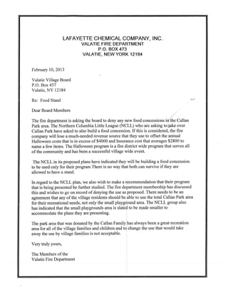 Valatie Fire Department Letter re Callan Park Concessions