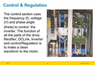 Draft 03 April 2011/ Rev.3
Control & Regulation
The control section uses
the frequency (f), voltage
(V) and phase angle
(theta) to control the
inverter. The function of
all the parts of the drive,
Rectifier, DCLink, Inverter
and control/Regulation is
to make a clean
waveform to the motor.
24
 