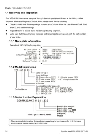 Chapter 1 Introduction|
1-2 Revision May 2008, ME14, SW V3.04
1.1 Receiving and Inspection
This VFD-M AC motor drive has gone through rigorous quality control tests at the factory before
shipment. After receiving the AC motor drive, please check for the following:
Check to make sure that the package includes an AC motor drive, the User Manual/Quick Start
and CD, and rubber bushings.
Inspect the unit to assure it was not damaged during shipment.
Make sure that the part number indicated on the nameplate corresponds with the part number
of your order.
1.1.1 Nameplate Information
Example of 1HP 230V AC motor drive
MODE :VFD007M23A
INPUT :3PH 200-240V 50/6 0Hz 6.0A
OUTPUT :3PH 0-240V 5.0A 1.9kVA 1HP
Freq. Range :0.1~400Hz
007 M23A0T0011230
03.04
AC Drive Model
Input Spec.
Output Spec.
Output Frequency Range
Bar Code
Serial Number
Software Version
1.1.2 Model Explanation
VFD M
M Series
007
Applicable motor capacity
Series Name 007: 1 HP(0.7kW)
022: 3 HP(2.2kW)
037: 5 HP(3.7kW)
055: 7.5HP(5.5kW)
004: 0.5 HP(0.4kW)
075: 10HP(7.5kW)
A
Version Type
23
Input Voltage
21:Single phase 230V
23:Three phase 230V 43:Three phase 460V
11:Single phase 115V
53:Three phase 575V
1.1.3 Series Number Explanation
Production number
Production year 2005
Production factory
01
Production week
5T
(Taoyuan)
D007M23A0
Model
230V 3-phase 1HP(0.75kW)
If the nameplate information does not correspond to your purchase order or if there are
any problems, please contact your distributor.
 